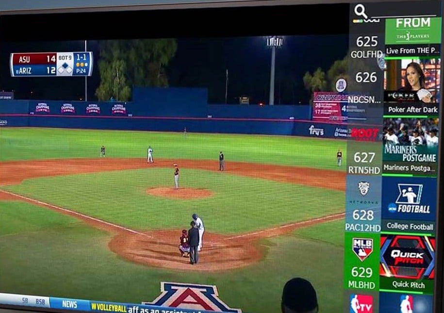 Live television playing full screen with the HDHomeRun channel list open down the right-hand side