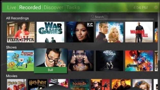 The HDHomeRun app on a television, showing recorded programmes grouped into All Recordings, Shows and Movies
